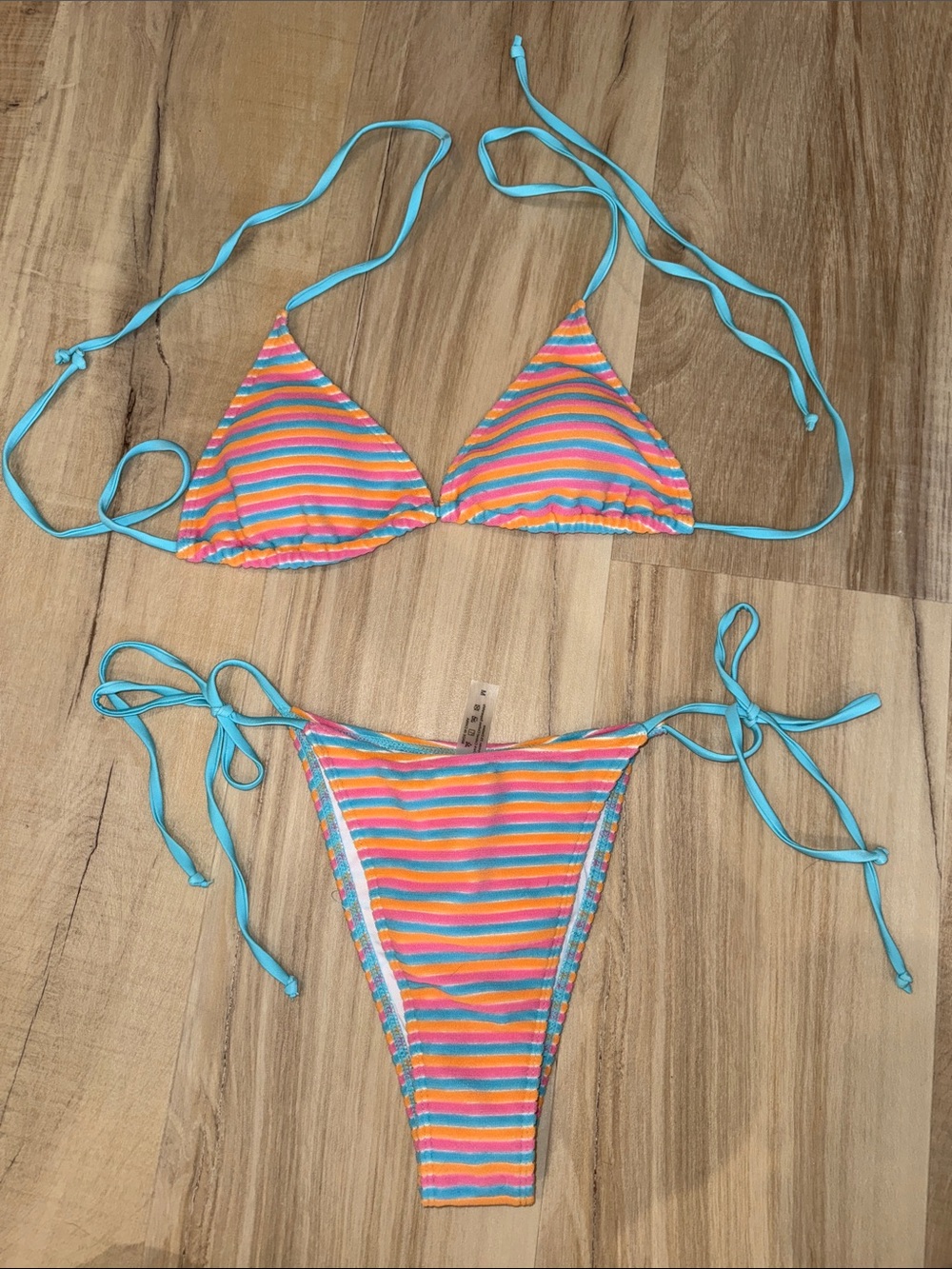 Primark Multicolor Striped Triangle Bikini with Aqua Ties